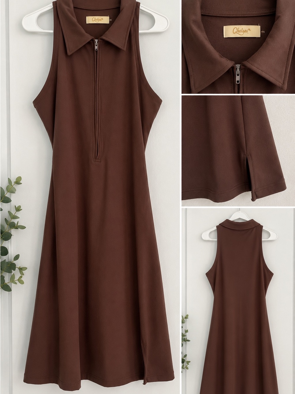 Sleeveless Zip-Front A-Line Dress in Chocolate Brown